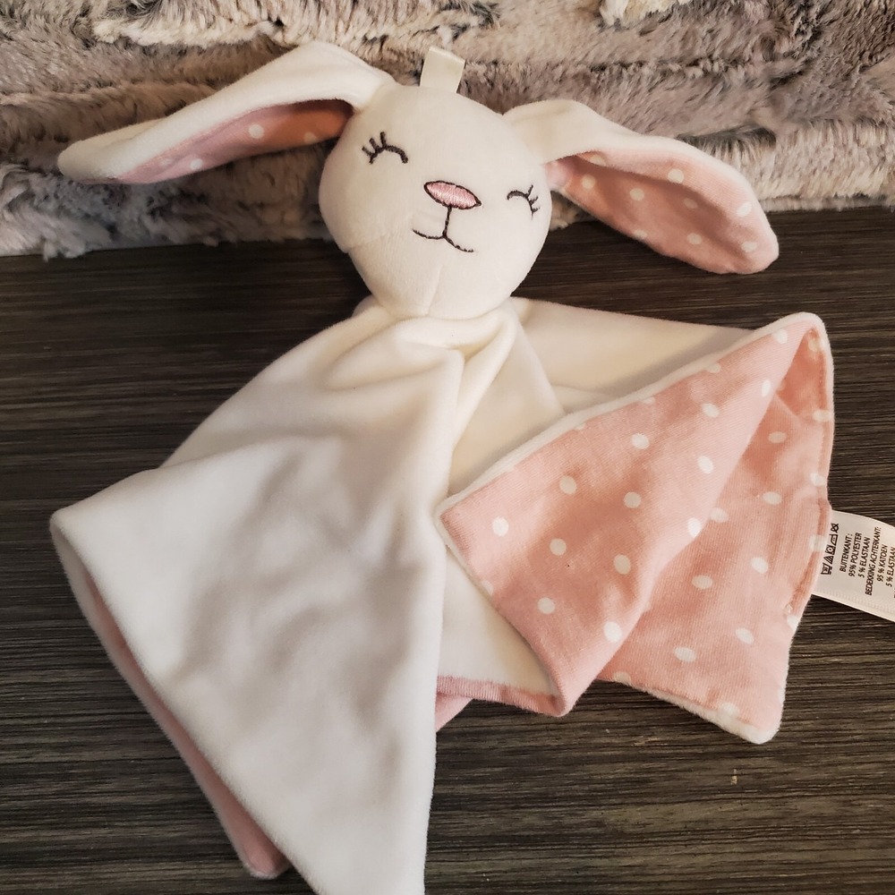 TJX White Bunny Rabbit Lovey Polka Dot Pink Baby Security Blanket 10"